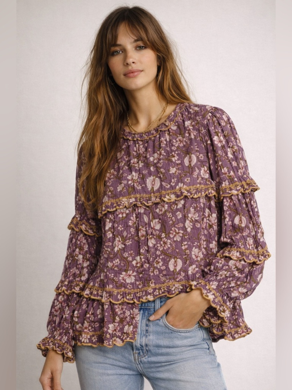 Isabel Marant Étoile Floral Ruffle Blouse Size 36 Purple Boho Cotton